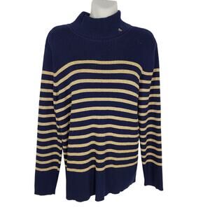 Ralph Lauren Turtleneck Sweater Womens Medium Blue Gold Metallic Striped Ribbed